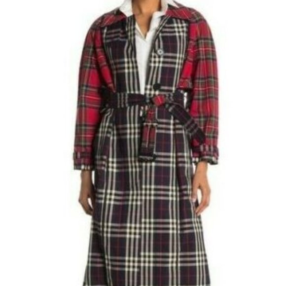 Burberry London Womens Long Plaid Check Trench Coat NWT US 8 M Navy Red $2490